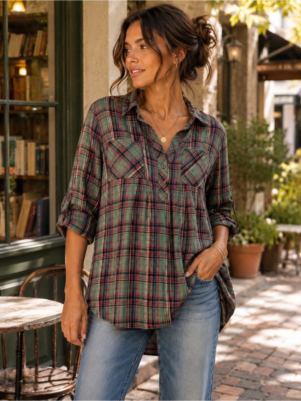 Copper Key Plaid Babydoll Tunic Top Roll Tab Henley Medium